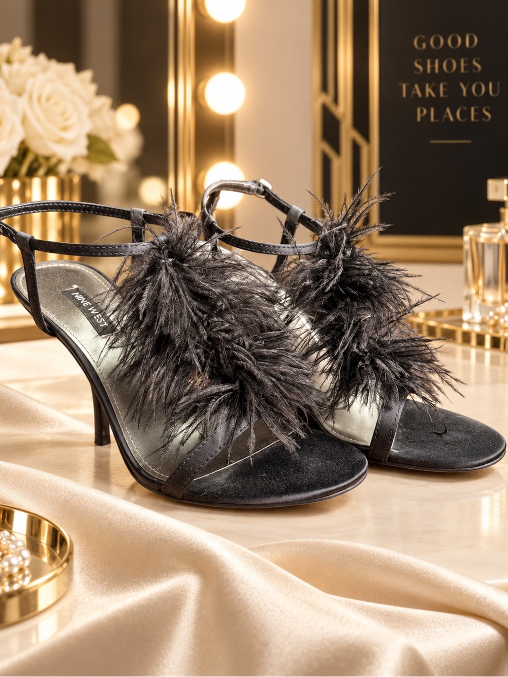 Nine West Black Real Ostrich Feather Stiletto Sandals Heels Size 8